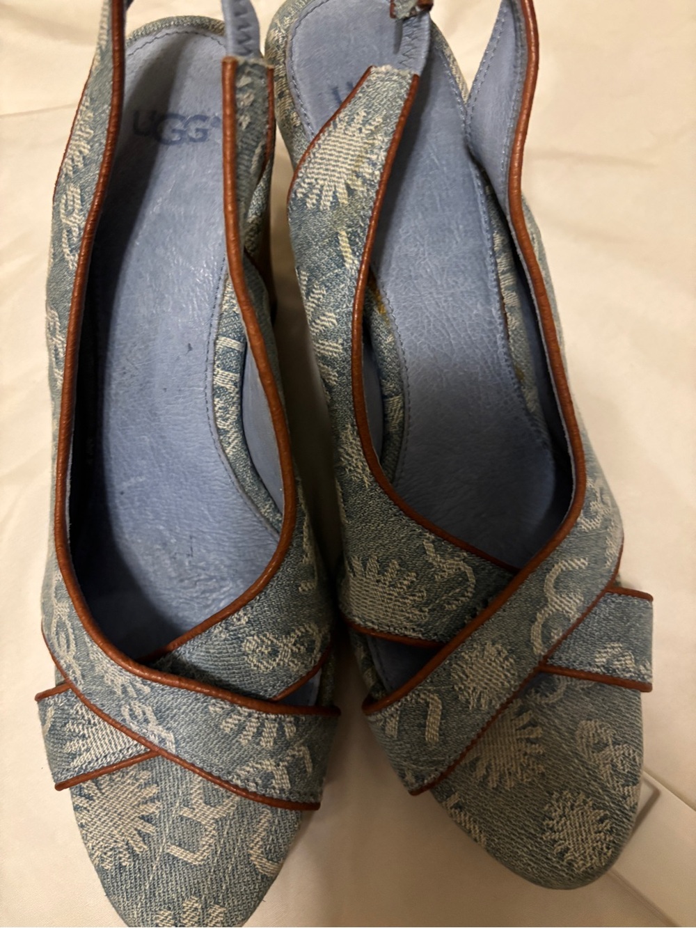 UGG Atasha Monogram Denim Wedge Sandals Blue Size 8